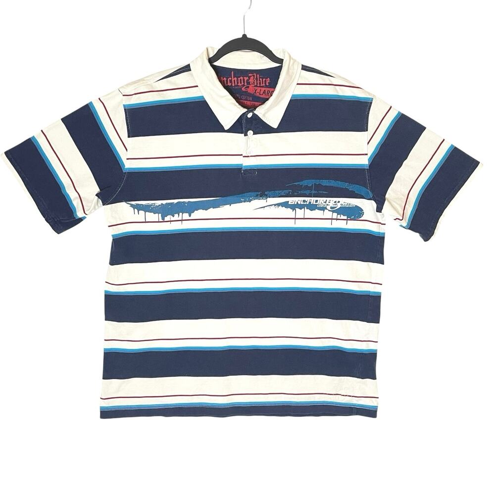 VTG Y2K Anchor Blue Stipe Logo Spell Out White Blue Stripe Size XL Skater Surfer